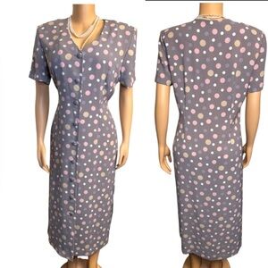 Vintage 90s Leslie Fay Dress Polka Dot Gray Print Short Sleeve V neck size 16P